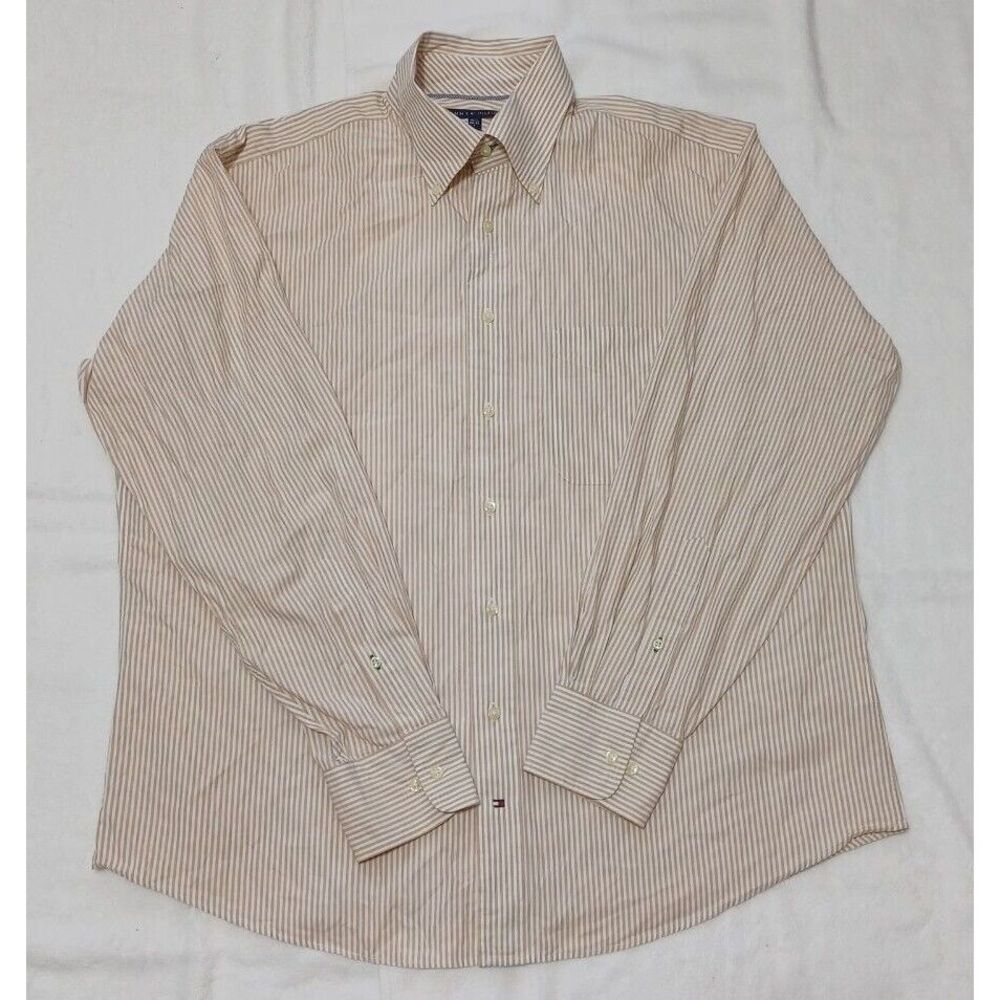 Tommy Hilfiger Mens Tan White Striped Button Down Shirt Long Sleeve 16.5 34/35 L